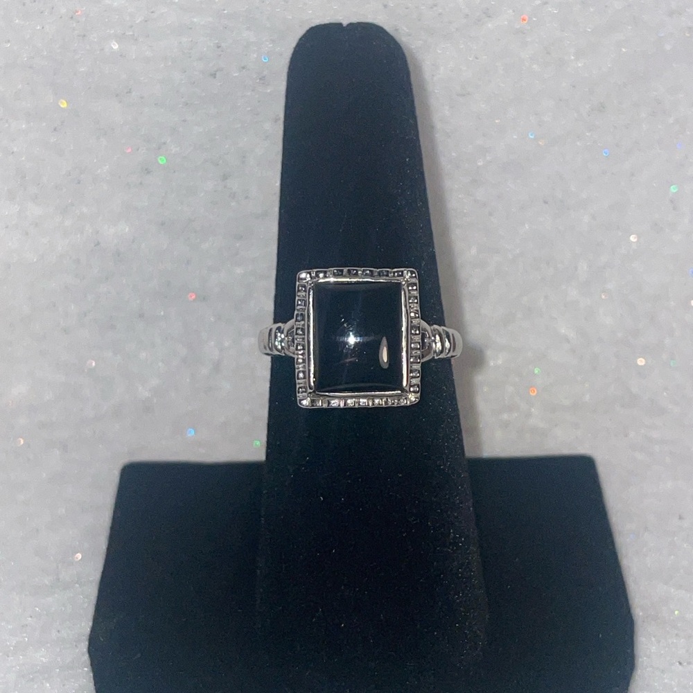Black Stone Ring in Silver Tone